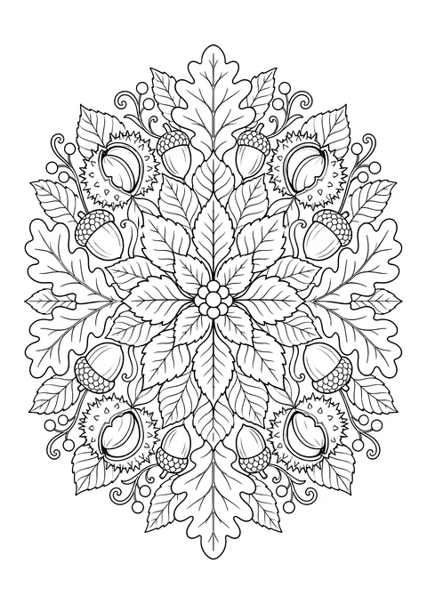 Ausmalbild: rundes Herbstmandala aus Blättern, Eicheln, Kastanien in Stachelhüllen, Beeren und Ranken, spiegelsymmetrisch