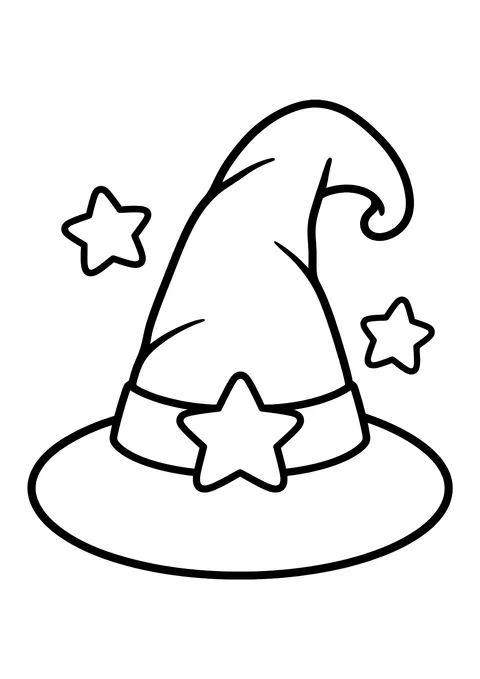 Ausmalbild: Spitzer Hexenhut mit umgebogener Spitze, breiter Krempe, Hutband und drei Sternen