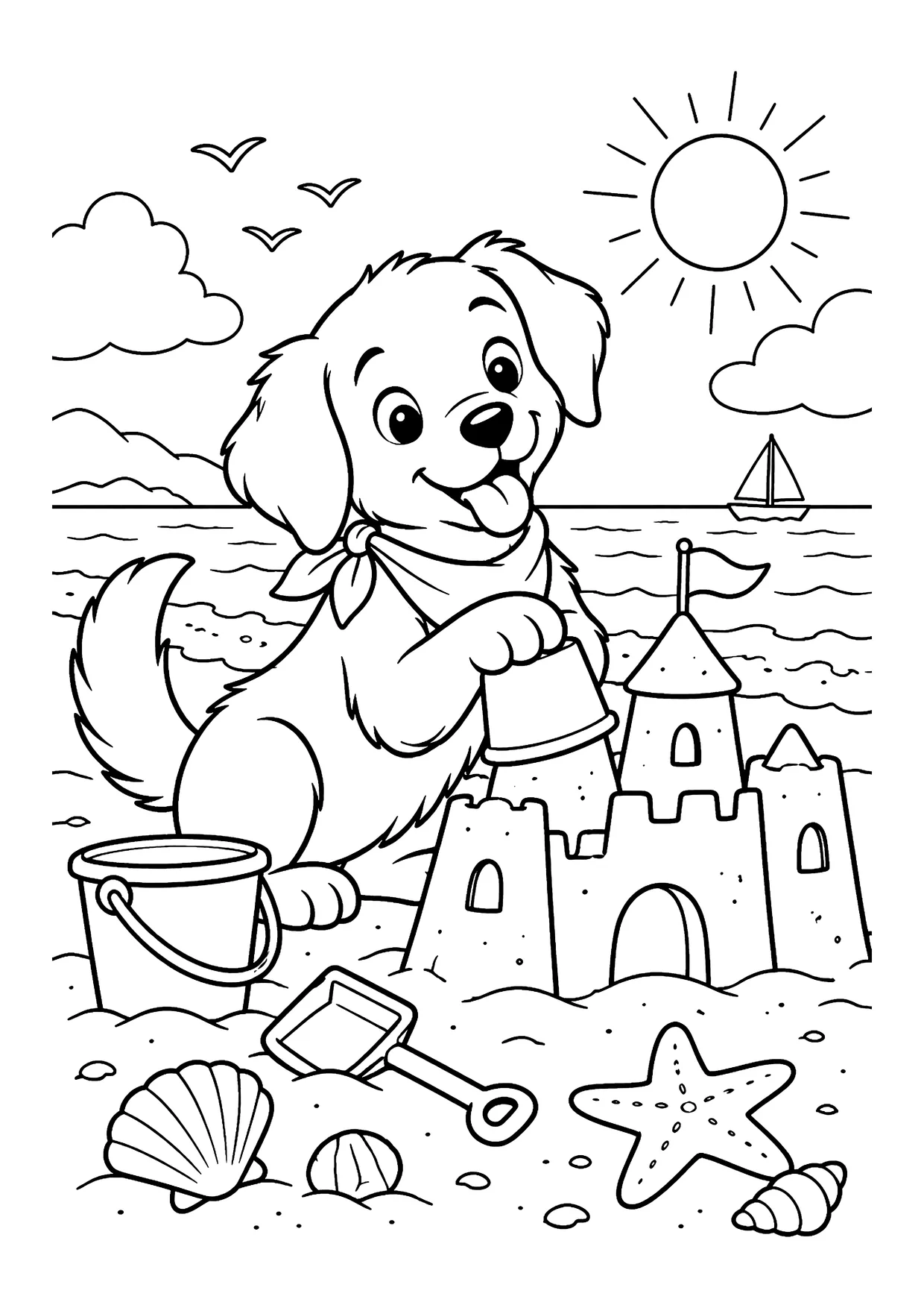 Ausmalbild: Hund mit Halstuch baut am Strand eine Sandburg, daneben Eimer, Schaufel, Muscheln und Seestern