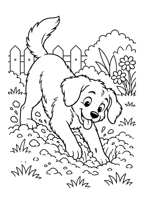 Ausmalbild: Hund buddelt mit den Vorderpfoten ein Loch im Garten, dahinter Lattenzaun, Büsche, Gras und Blumen
