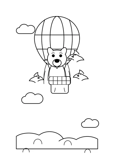 Ausmalbild: Hund winkt aus dem Korb eines Heißluftballons, drei Vögel fliegen daneben über Wolken.