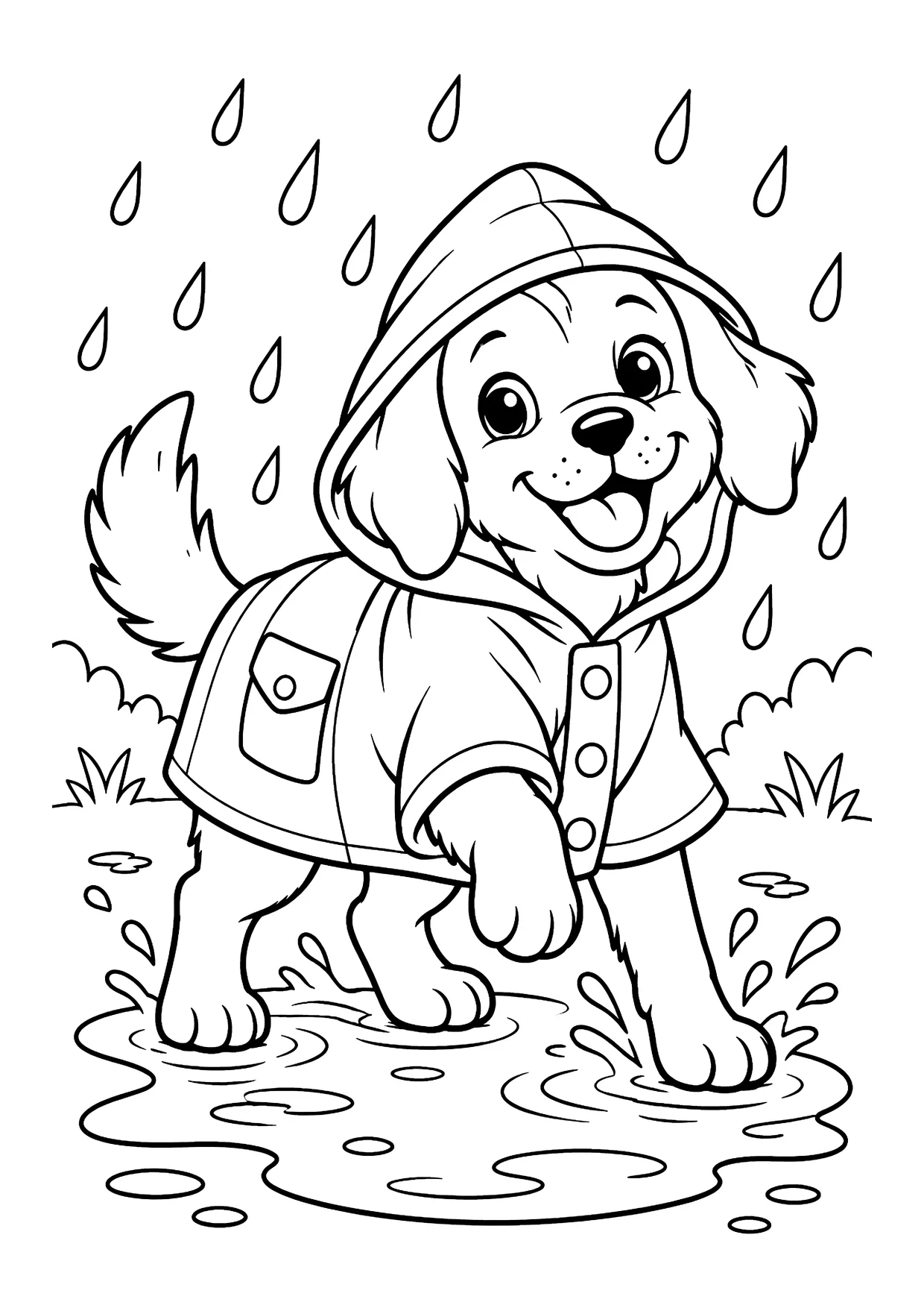 Ausmalbild: Hund mit Regenmantel und Kapuze steht in einer Pfütze, Regentropfen und Gräser ringsum