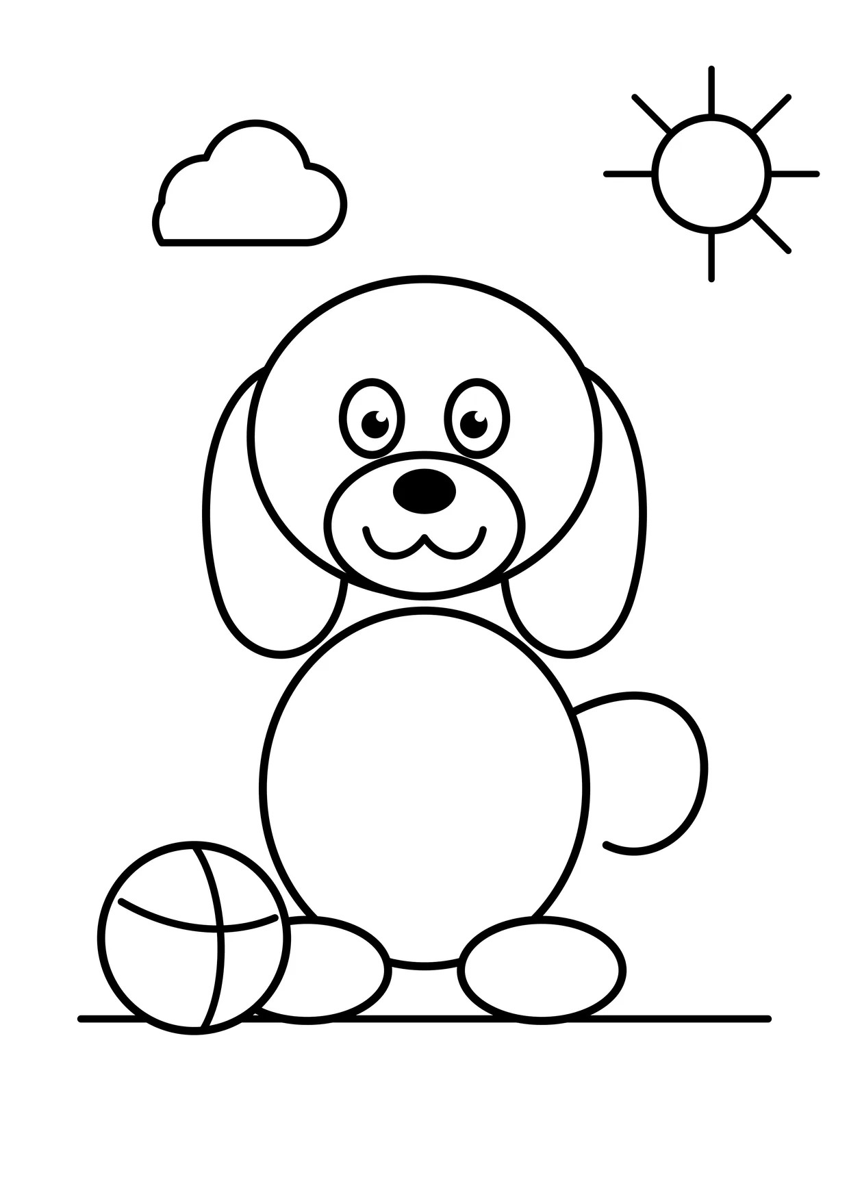 Ausmalbild: Sitzender Hund mit Schlappohren und großem Ball, Sonne und Wolke im Hintergrund