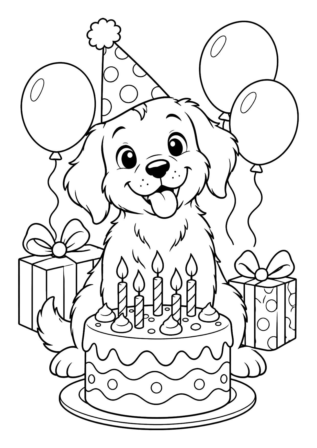 Ausmalbild: Hund mit Partyhut hinter Geburtstagstorte mit Kerzen, Luftballons und Geschenken