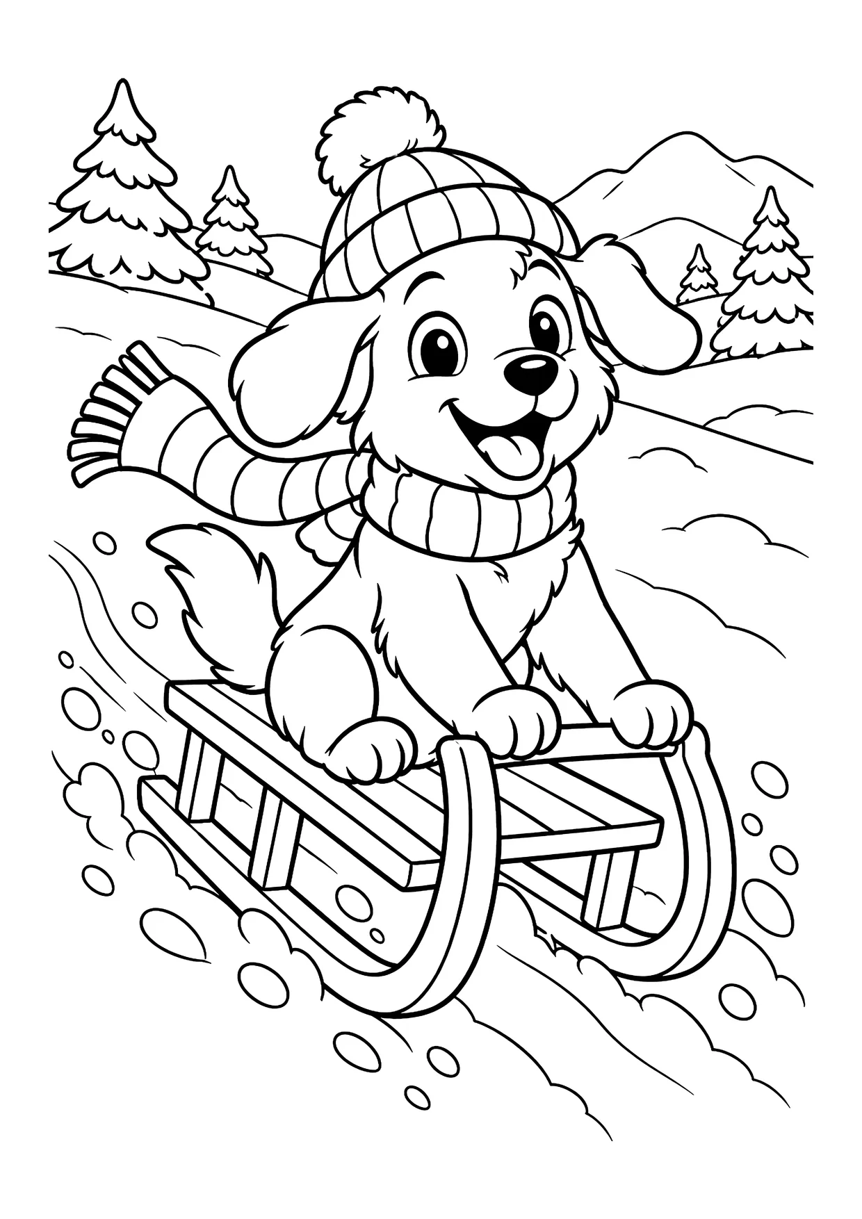 Ausmalbild: Hund mit Bommelmütze und Schal fährt auf einem Holzschlitten durch den Schnee, Tannen und Berge im Hintergrund