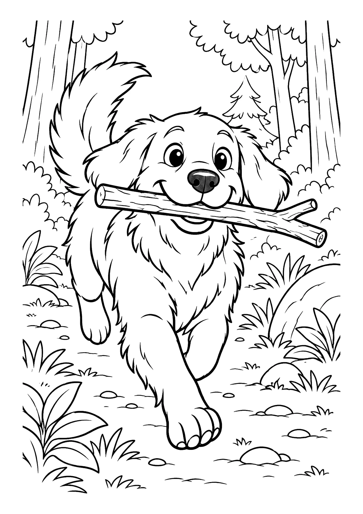 Ausmalbild: Hund läuft mit einem Stock im Maul durch den Wald zwischen Bäumen, Gras und Steinen