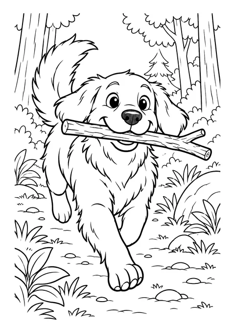 Ausmalbild: Hund läuft mit einem Stock im Maul durch den Wald zwischen Bäumen, Gras und Steinen