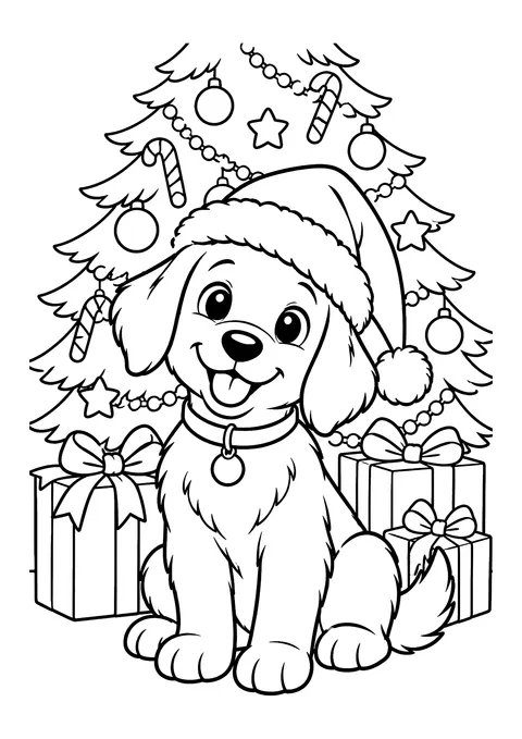 Ausmalbild: Sitzender Hund mit Weihnachtsmütze vor einem geschmückten Tannenbaum, daneben drei Geschenke mit Schleifen.