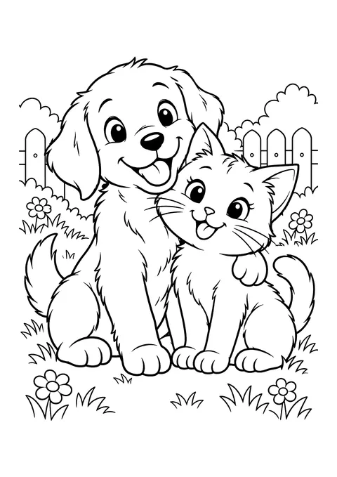 Ausmalbild: Hund und Katze sitzen nebeneinander auf einer Wiese vor einem Gartenzaun mit Blumen und Büschen