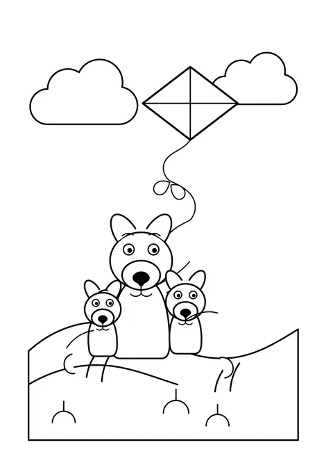 Ausmalbild: Hundefamilie auf einem Hügel lässt einen Drachen mit Schleife steigen, dazu Wolken und Blumen
