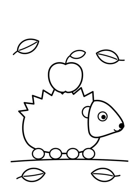 Ausmalbild: Igel mit Apfel auf dem Rücken, umgeben von vier Herbstblättern, in dicken Linien gezeichnet.