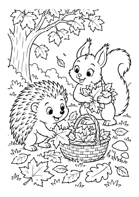 Ausmalbild: Igel und Eichhörnchen sammeln Herbstblätter neben einem Korb unter einem Ahornbaum im Wald