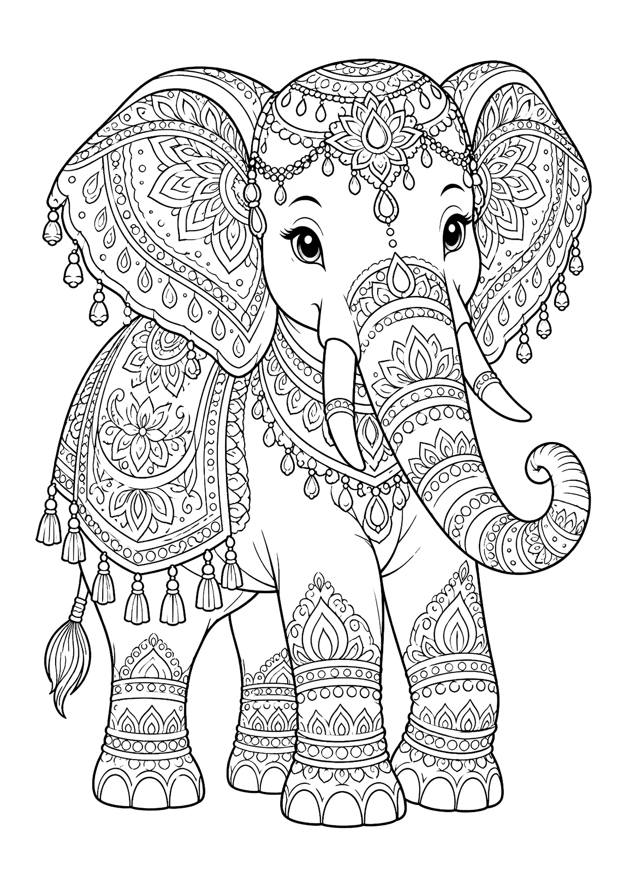 Ausmalbild: Elefant von vorn mit indischer Schmuckdecke, Perlenketten, Quasten und Lotusmustern auf Rüssel und Beinen