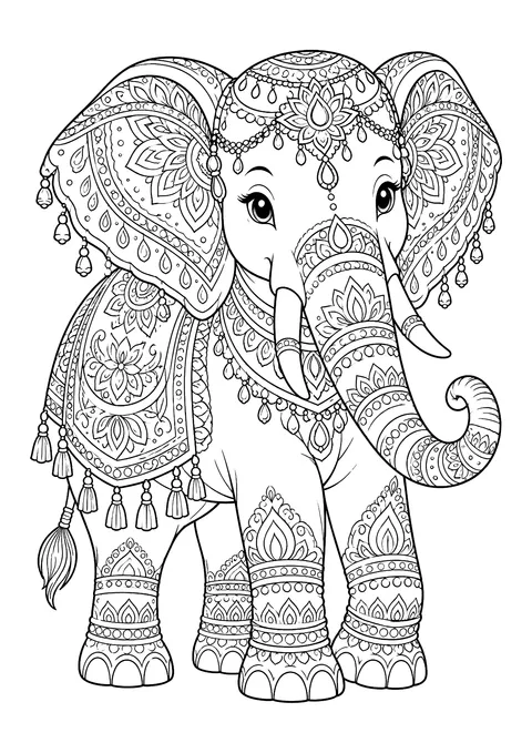 Ausmalbild: Elefant von vorn mit indischer Schmuckdecke, Perlenketten, Quasten und Lotusmustern auf Rüssel und Beinen