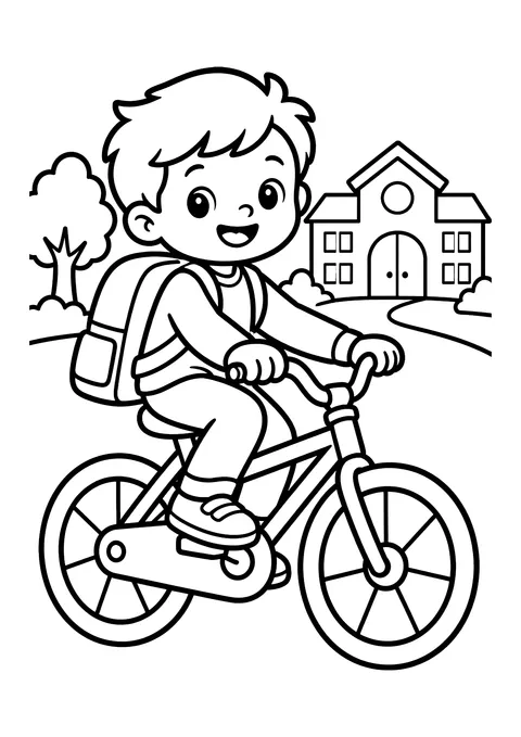 Ausmalbild: Junge mit Schulranzen auf dem Fahrrad, dahinter Baum, Büsche und Schulgebäude mit Dach und Fenstern.