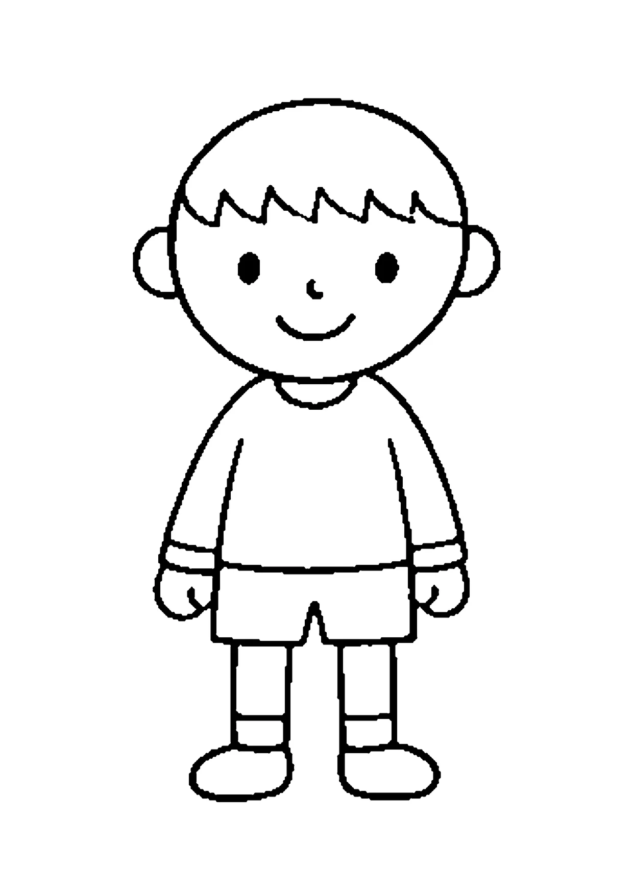 Ausmalbild: lachender Junge im Pullover mit kurzer Hose