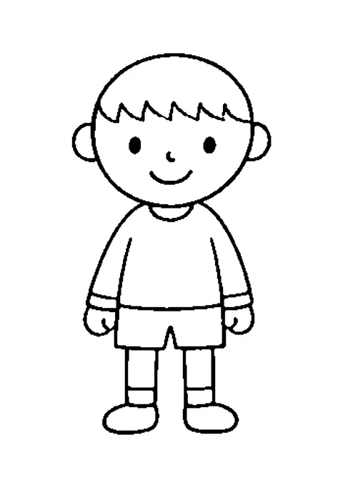 Ausmalbild: lachender Junge im Pullover mit kurzer Hose