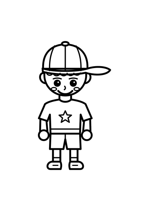 Ausmalbild: lachender Junge mit Kappe und T-Shirt mit Stern