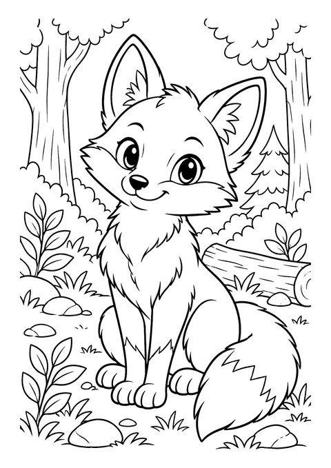 Ausmalbild: Sitzender Fuchs mit buschigem Schwanz auf einer Waldlichtung mit Bäumen, Tanne, Baumstamm, Blättern und Steinen
