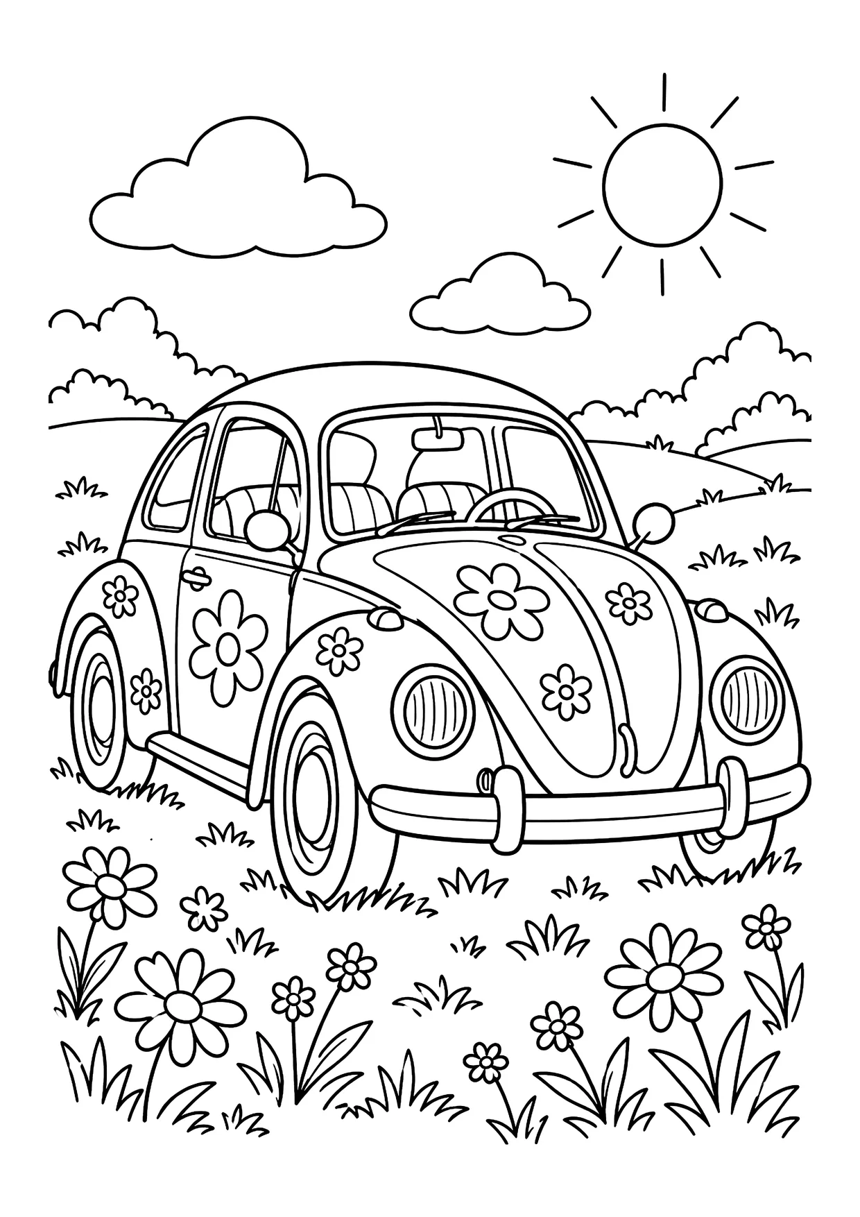 Ausmalbild: rundes Käferauto mit Blumenmustern auf einer Blumenwiese, dahinter Sonne, Wolken, Büsche und Hügel