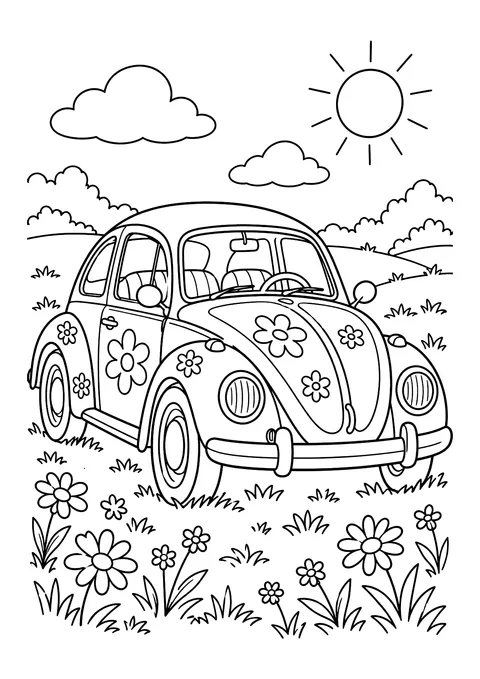 Ausmalbild: rundes Käferauto mit Blumenmustern auf einer Blumenwiese, dahinter Sonne, Wolken, Büsche und Hügel