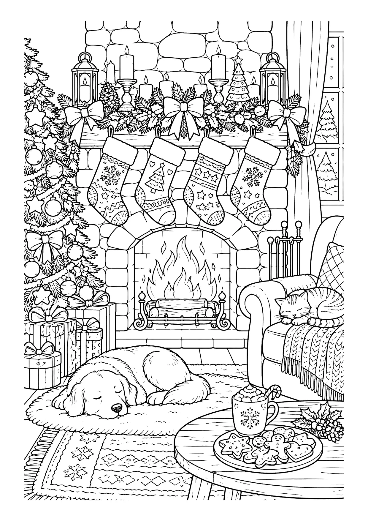 Ausmalbild: Kaminzimmer mit vier Weihnachtssocken, Feuer, Christbaum, schlafendem Hund und Katze im Sessel
