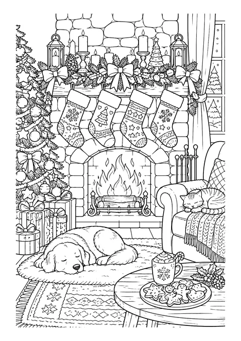 Ausmalbild: Kaminzimmer mit vier Weihnachtssocken, Feuer, Christbaum, schlafendem Hund und Katze im Sessel