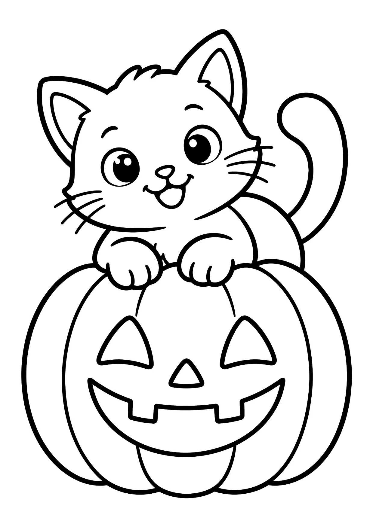 Ausmalbild: Katze schaut mit Pfoten über einen Halloween-Kürbis mit geschnitztem Gesicht