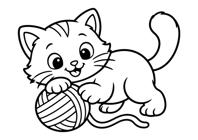 Ausmalbild: Lachende Katze mit erhobenem Schwanz spielt mit einem Wollknäuel, der Faden rollt sich ab