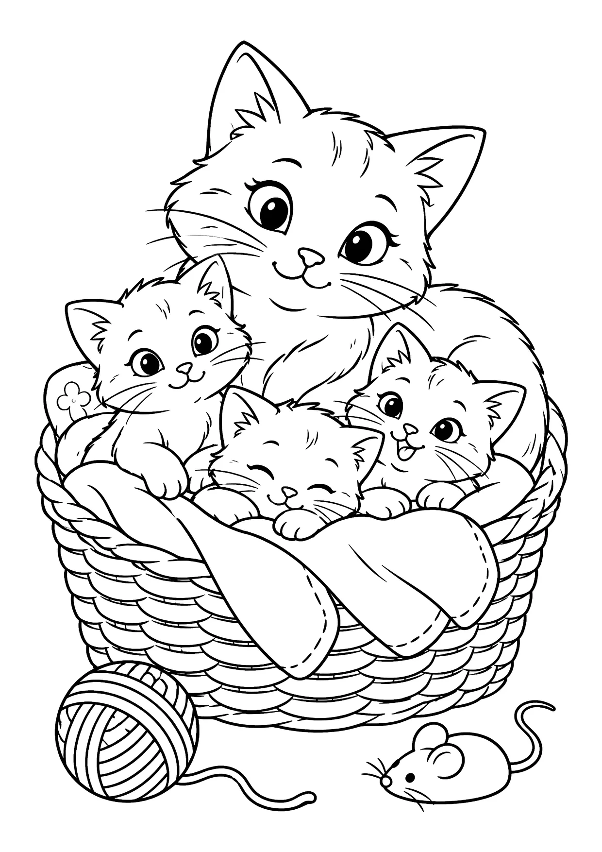 Ausmalbild: Katzenmutter mit drei Kätzchen in einem Weidenkorb, daneben Wollknäuel und Maus