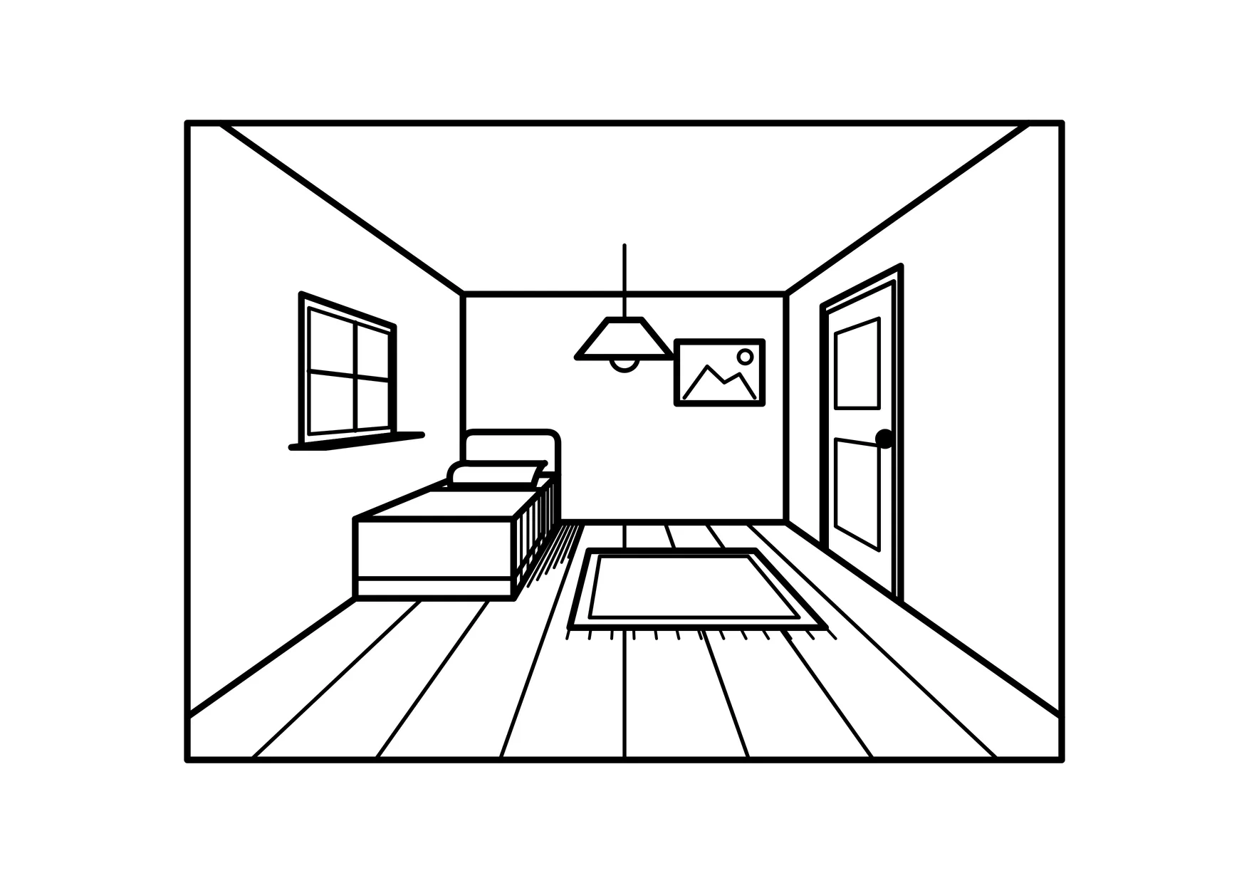 Ausmalbild: Kinderzimmer in Perspektive mit Bett, Fenster und Tür