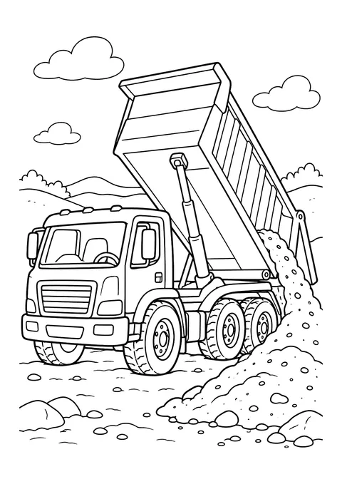 Ausmalbild: Kipplaster mit hochgekippter Mulde lässt Sand auf einen Haufen rutschen, Baustelle mit Steinen und Wolken