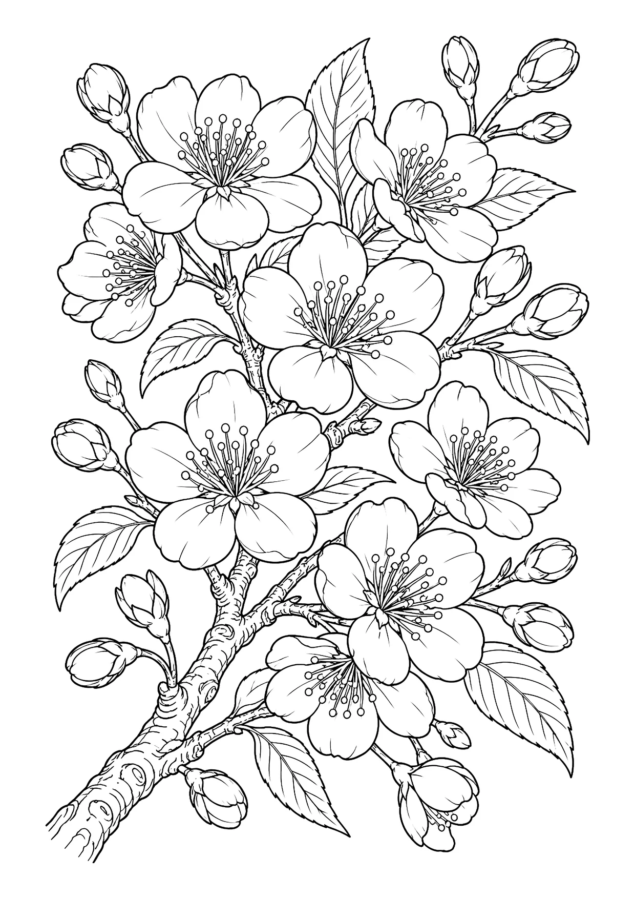 Ausmalbild: Kirschblütenzweig mit geöffneten Blüten, Knospen, gezähnten Blättern und rissiger Rinde