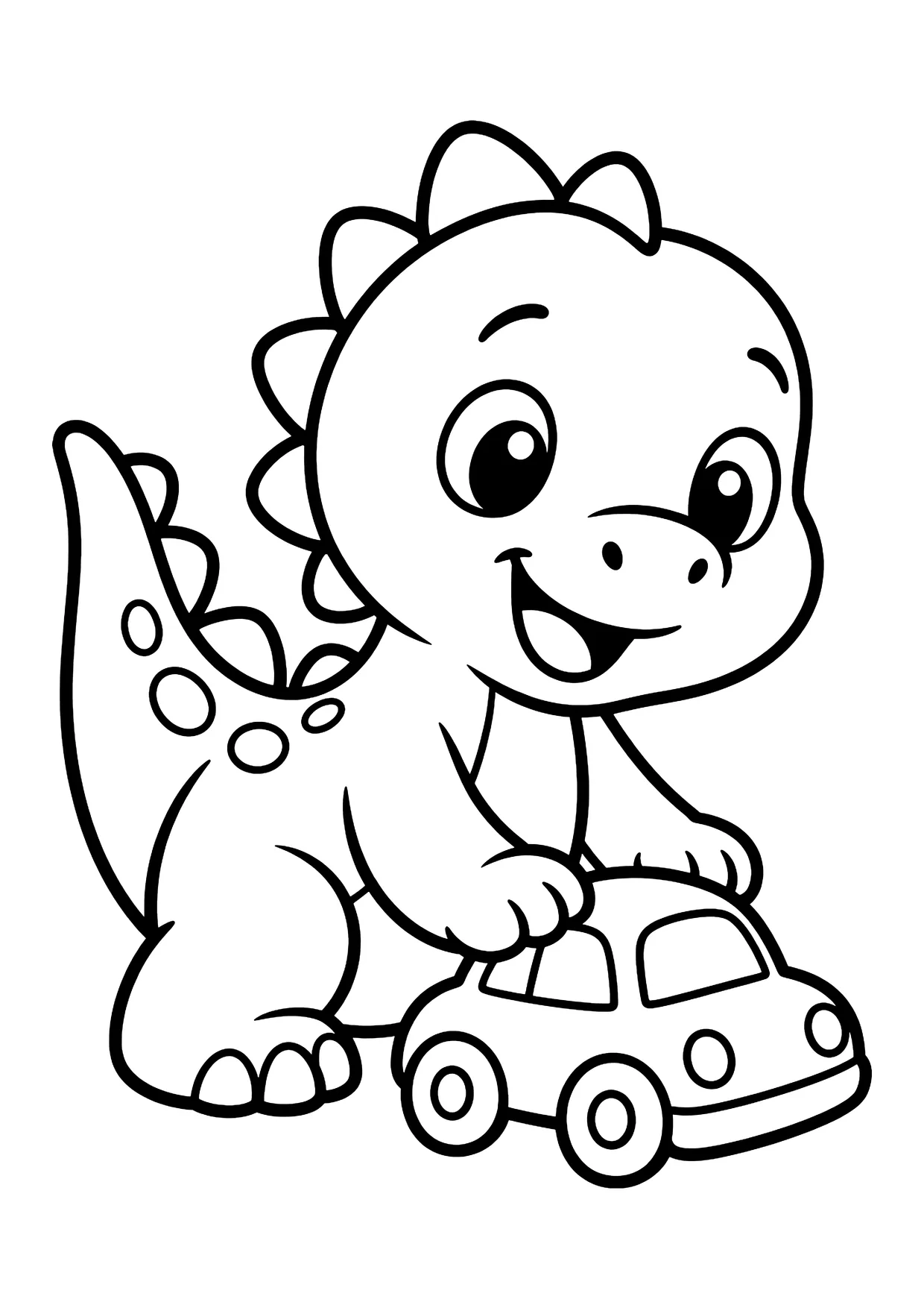 Ausmalbild: Lachender kleiner Dino mit Rückenzacken schiebt ein rundes Spielzeugauto mit vier Rädern.