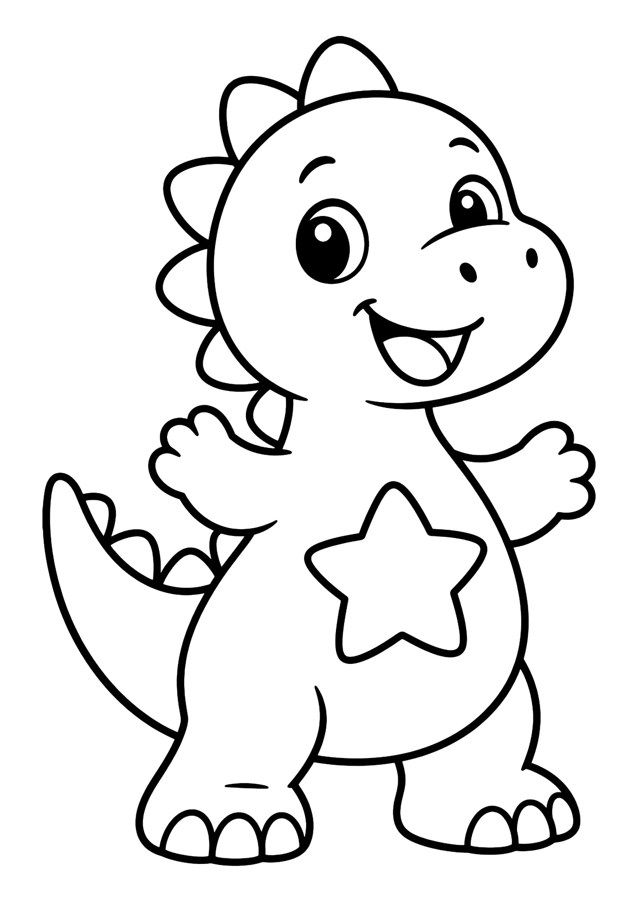 Ausmalbild: Lachender Cartoon-Dinosaurier mit Rückenzacken, langem Schwanz und großem Stern auf dem Bauch
