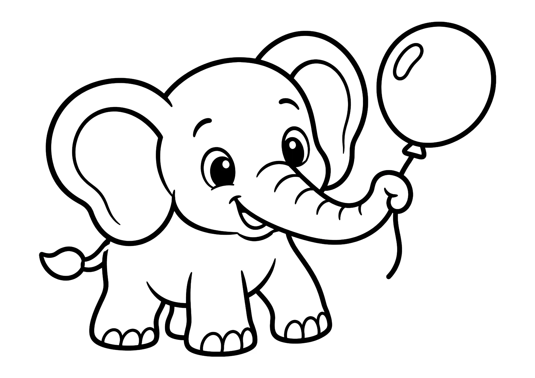 Ausmalbild: Lächelnder kleiner Elefant hält mit dem Rüssel einen runden Luftballon an einer Schnur