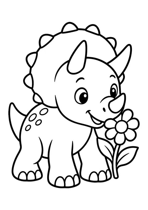 Ausmalbild: Lächelnder kleiner Triceratops schnuppert an einer großen Blume mit Stiel und zwei Blättern