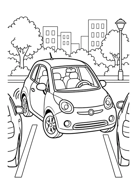 Ausmalbild: kleines Stadtauto beim Einparken in eine Parklücke, dahinter Bäume, Laterne und Häuser