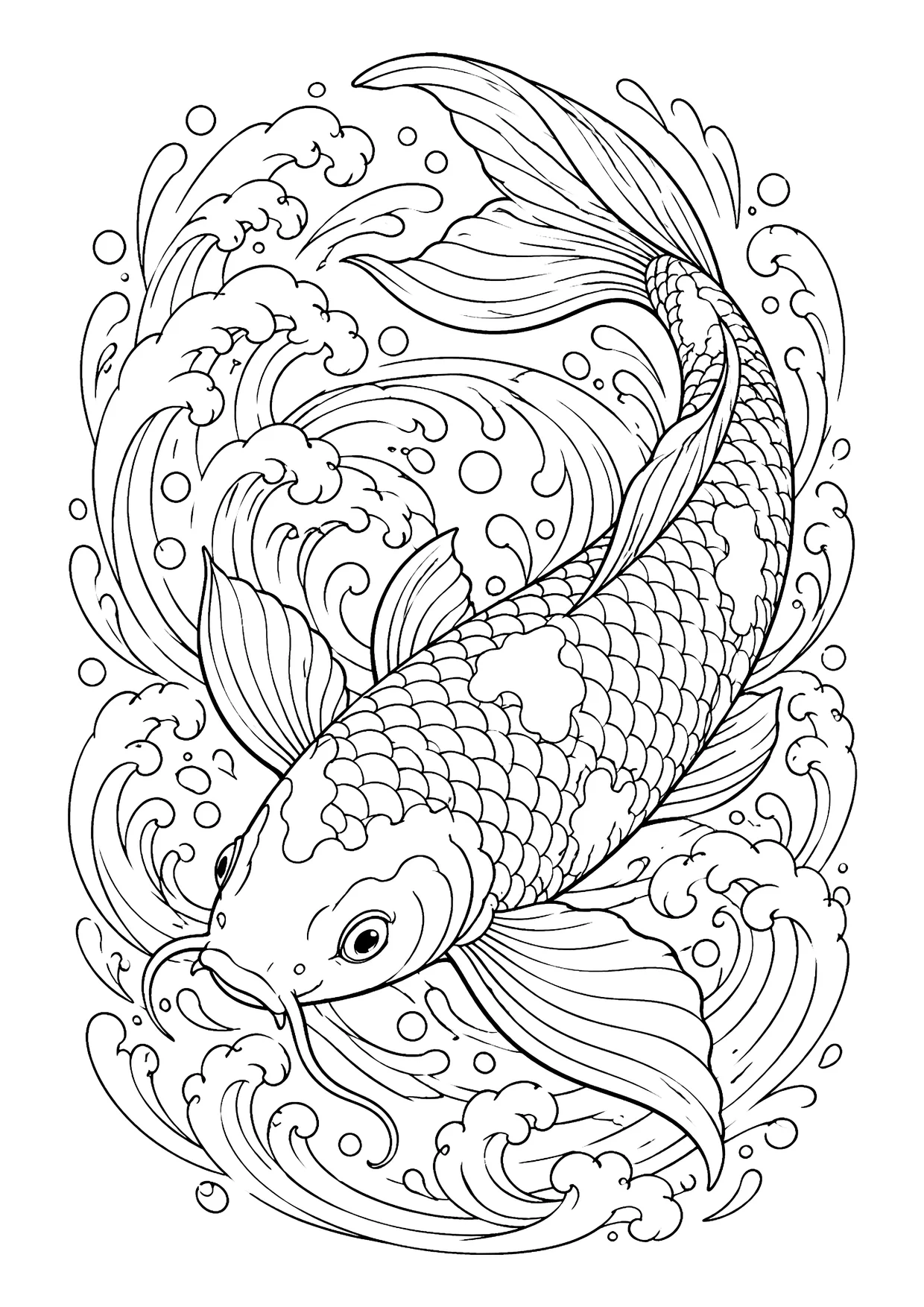 Ausmalbild: Koi-Karpfen mit Schuppenmuster und großen Flossen zwischen wirbelnden Wellen, Spiralen und Luftblasen