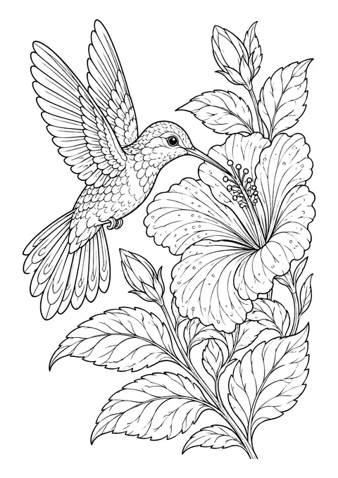 Ausmalbild: Kolibri im Flug mit langem Schnabel an einer großen Hibiskusblüte mit Blättern und Knospen