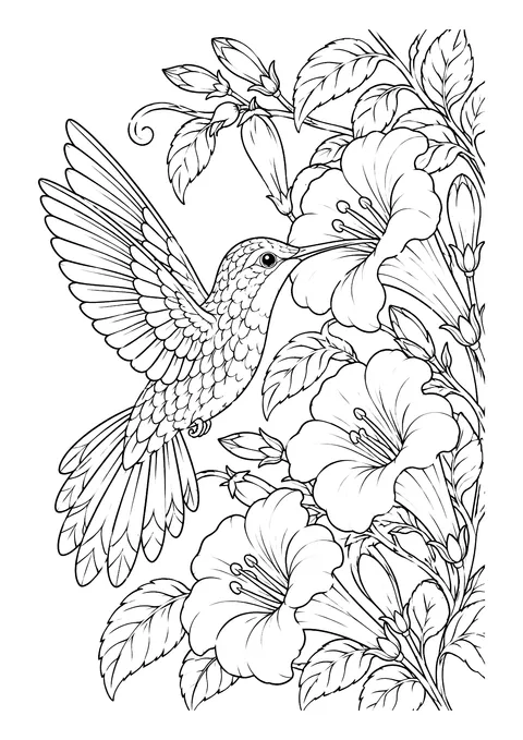 Ausmalbild: Kolibri mit ausgebreiteten Flügeln schwebt an einer Ranke mit großen Trompetenblüten und Knospen