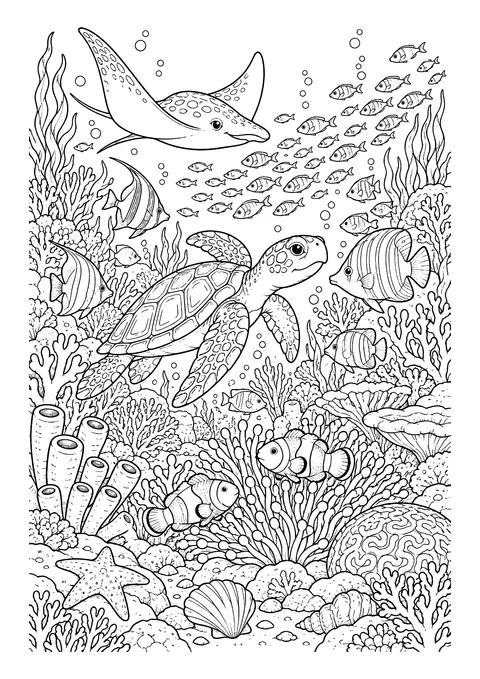 Ausmalbild: Korallenriff mit Meeresschildkröte, Rochen, Clownfischen, Fischschwarm, Seestern und Muscheln
