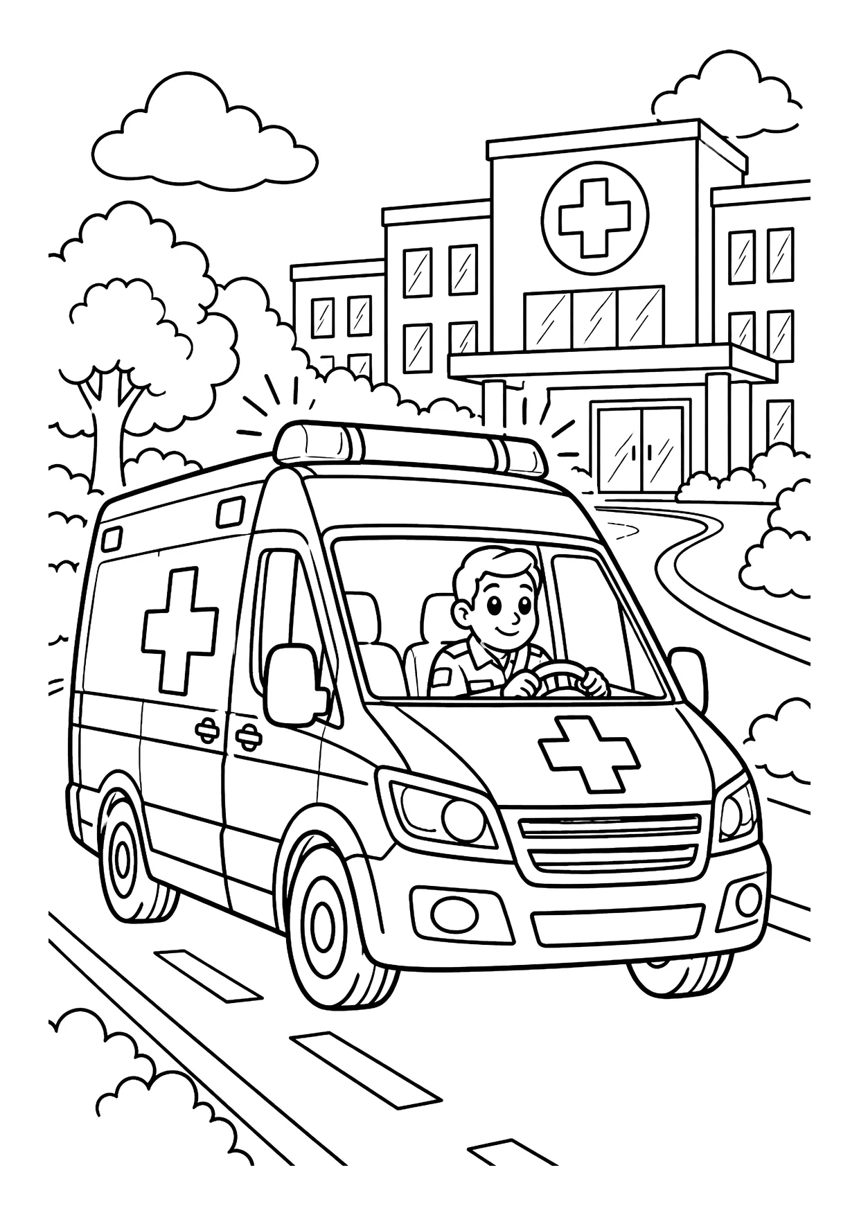 Ausmalbild: Krankenwagen mit Fahrer auf der Straße vor einem Krankenhaus mit Kreuz, Bäumen und Wolken