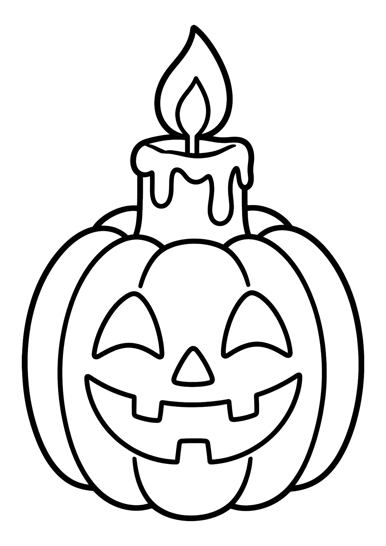 Ausmalbild: Halloween-Kürbis mit lachendem Gesicht und einer brennenden Kerze obenauf