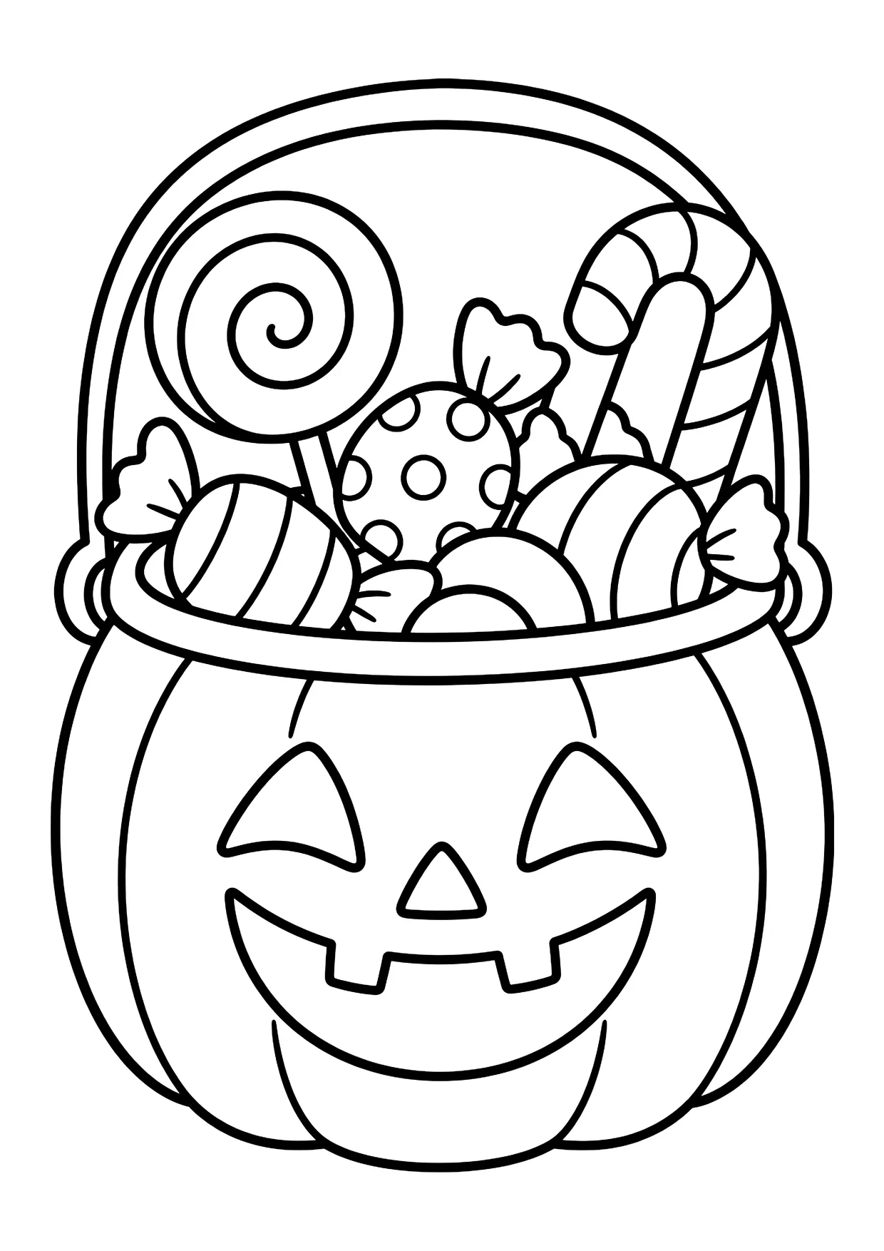 Ausmalbild: Halloween-Kürbiseimer mit lachendem Gesicht, gefüllt mit Lutscher, Zuckerstange und Bonbons.