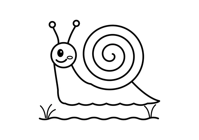 Ausmalbild: lachende Schnecke mit großem Spiralhaus auf der Wiese
