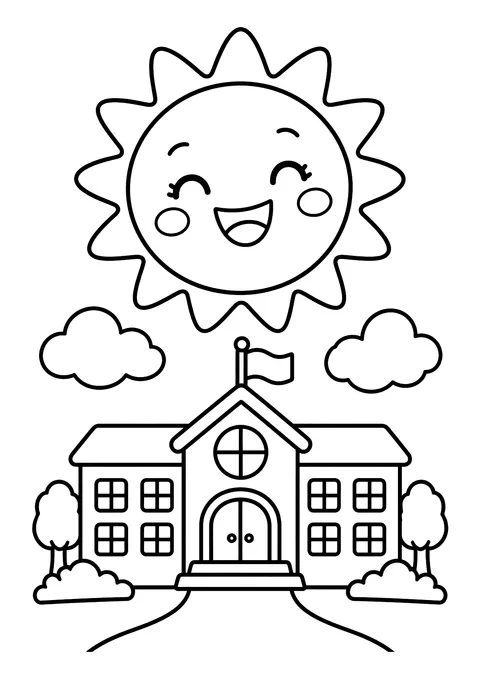 Ausmalbild: Lachende Sonne und Wolken über einem Schulhaus mit Fahne, Bäumen, Büschen und Weg zum Eingang.