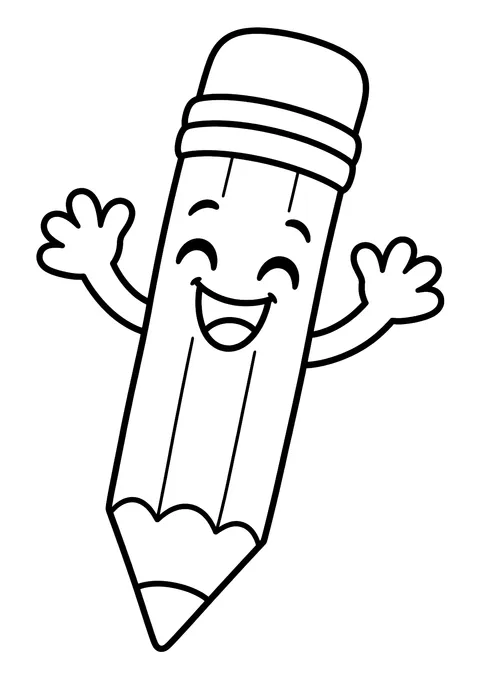 Ausmalbild: lachender Bleistift mit Radiergummi, Augen, breitem Lachen und zwei erhobenen Armen