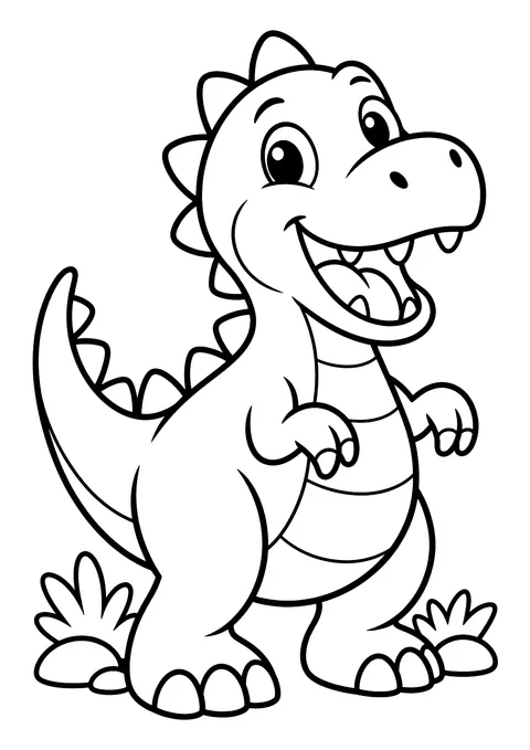 Ausmalbild: lachender Cartoon-Dinosaurier auf zwei Beinen mit Rückenzacken, zwischen zwei Grasbüscheln
