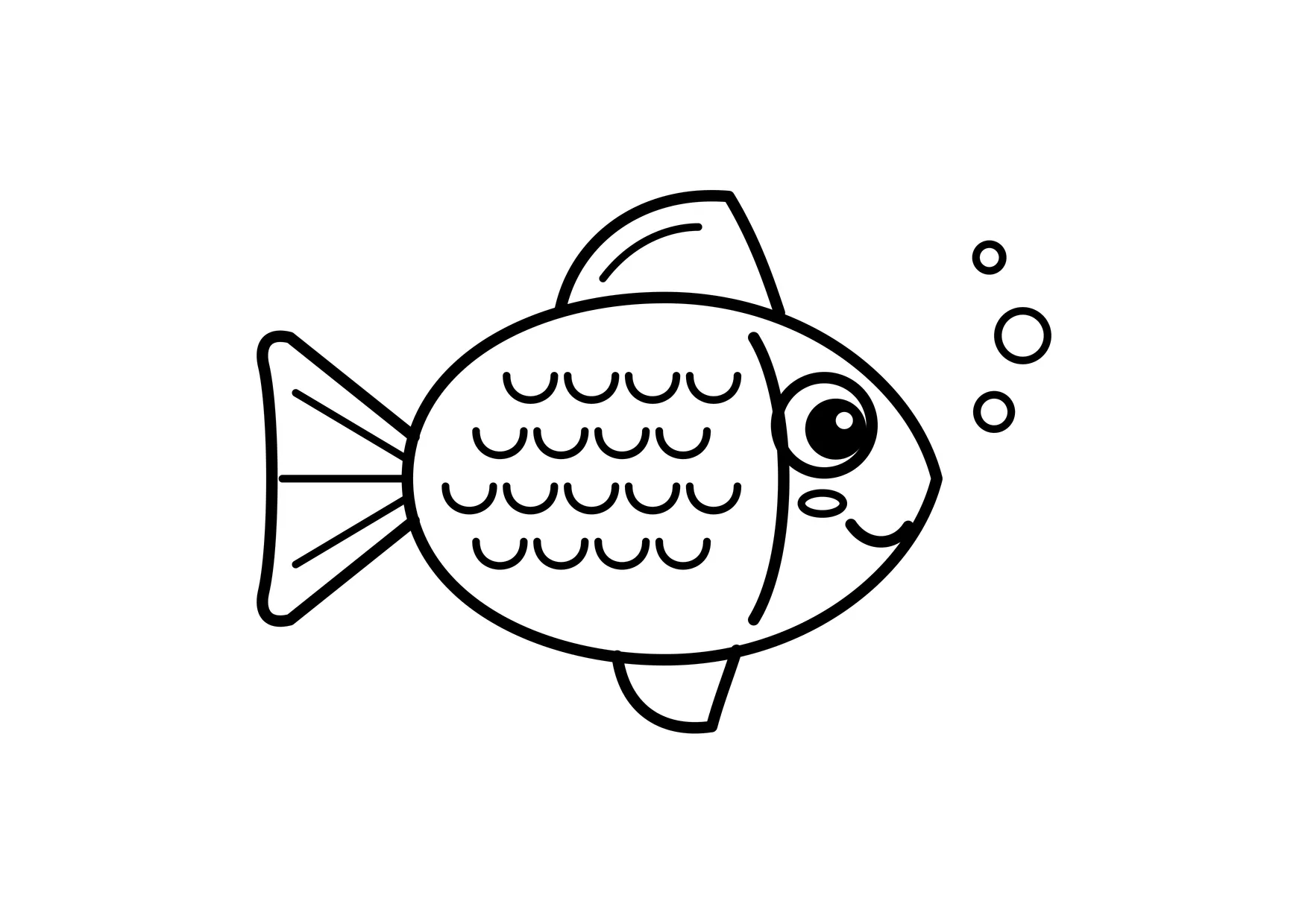 Ausmalbild: lachender Fisch mit Schuppen und Luftblasen